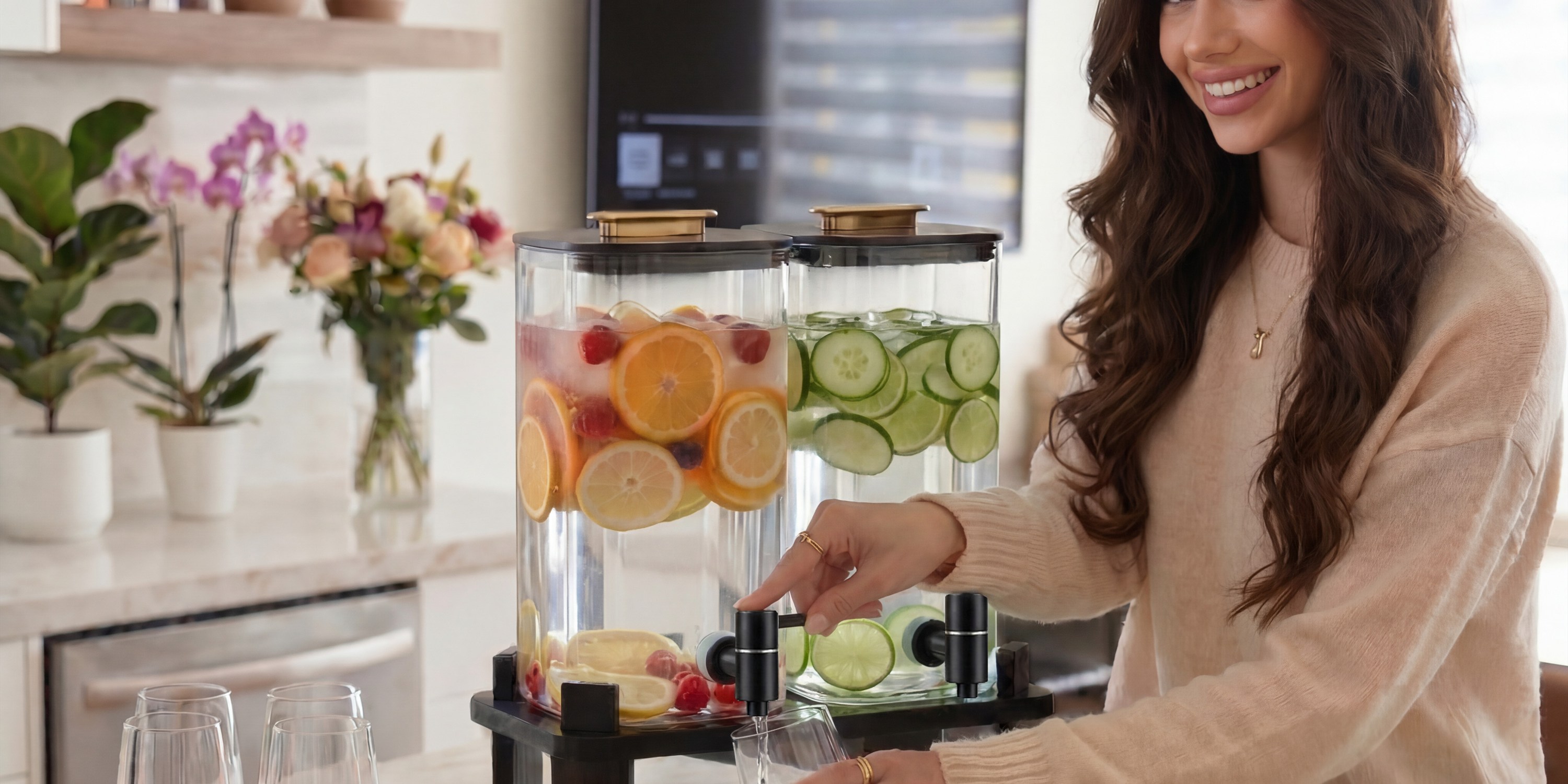 Ovonza beverage dispensers in a bright kitchen