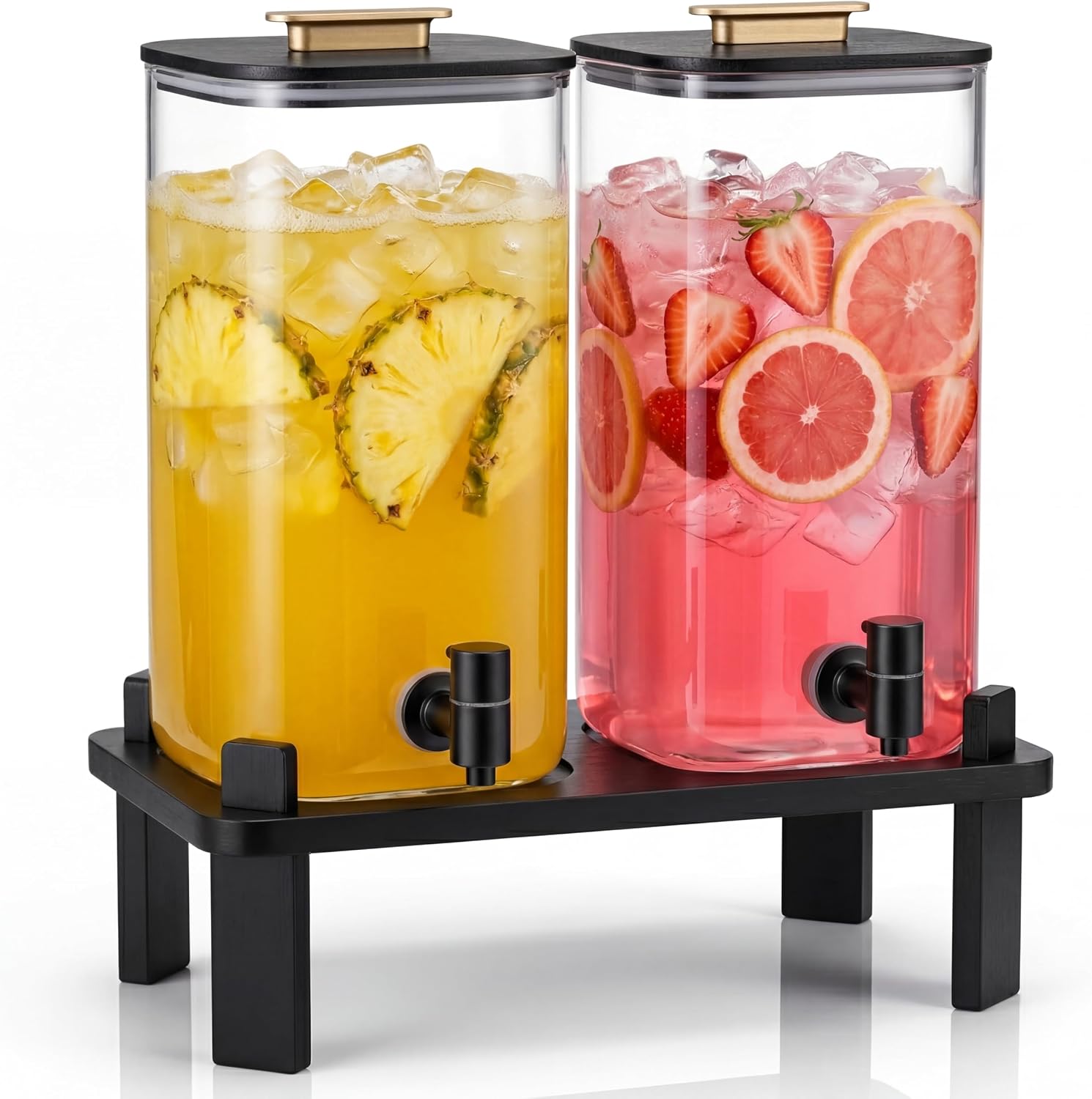 Complete Ovonza dual glass beverage dispenser set on its black stand